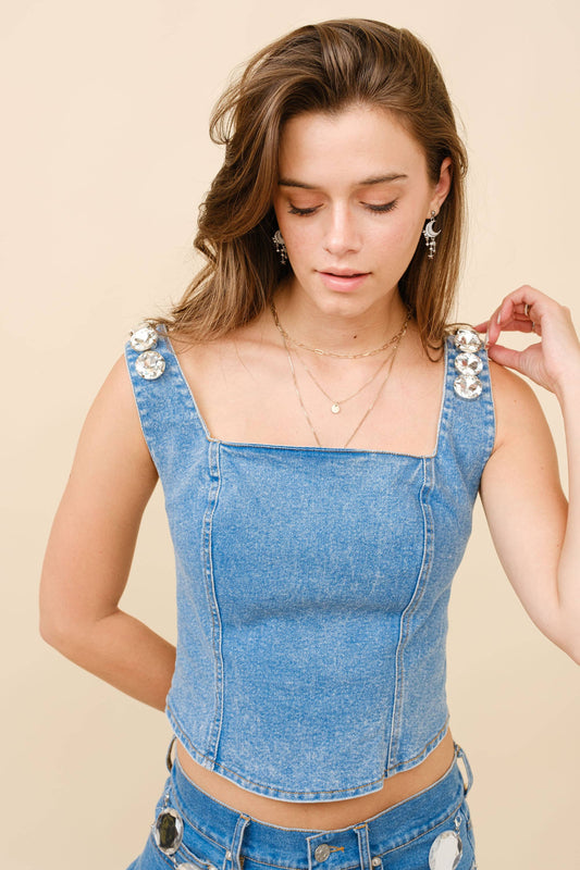 23124T - Jumbo Crystal Corset Denim Top