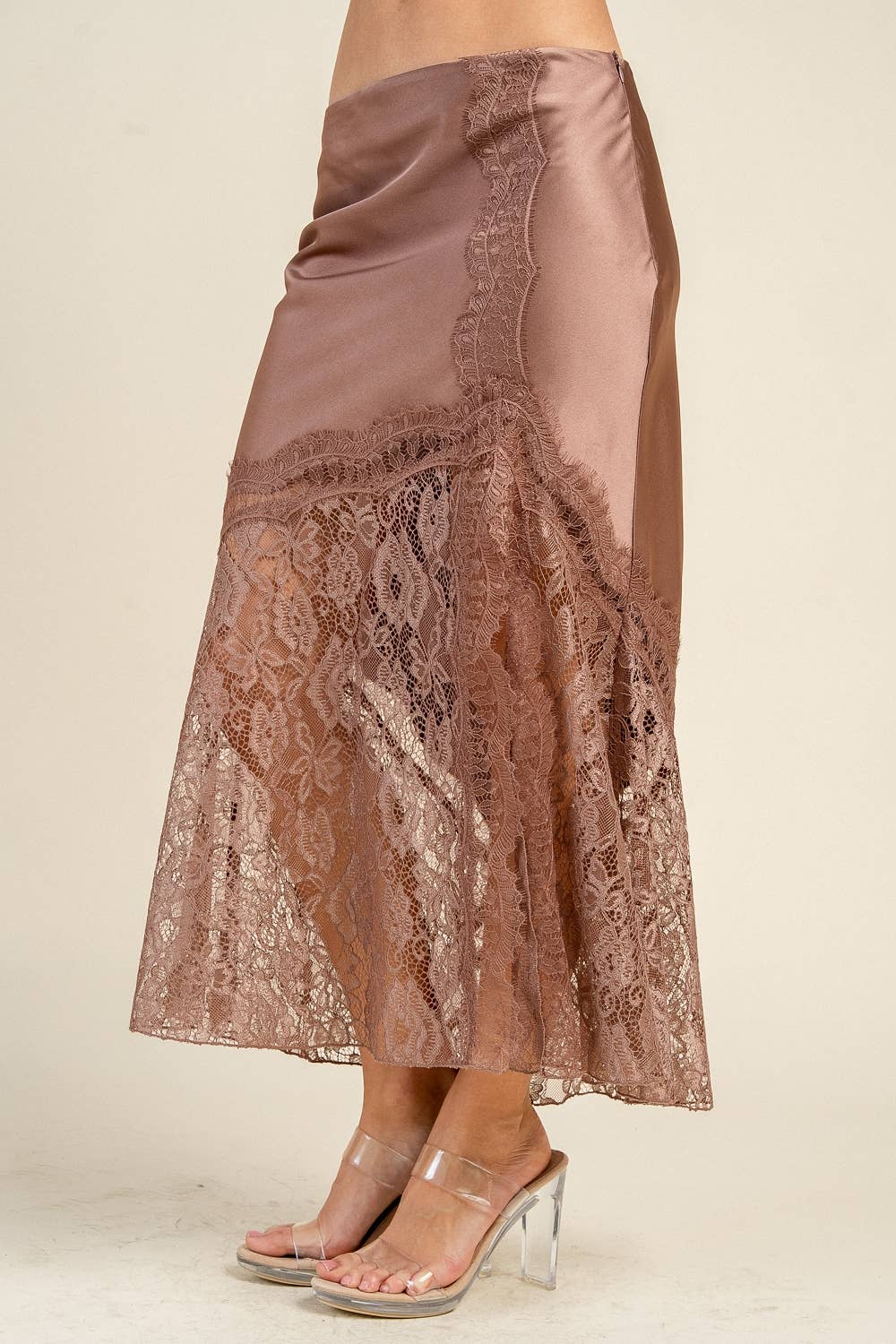 CB20107S SATIN MIDI SKIRT W/ LACE TRIM DETAIL