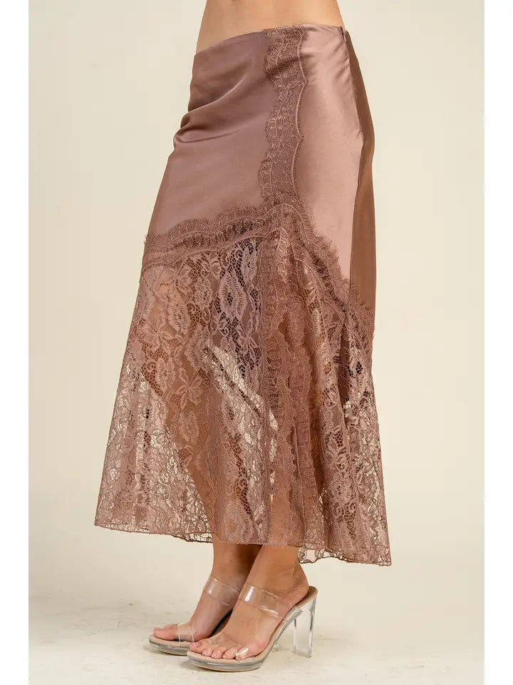 Satin Midi Skirt w/ Lace Trim Detail