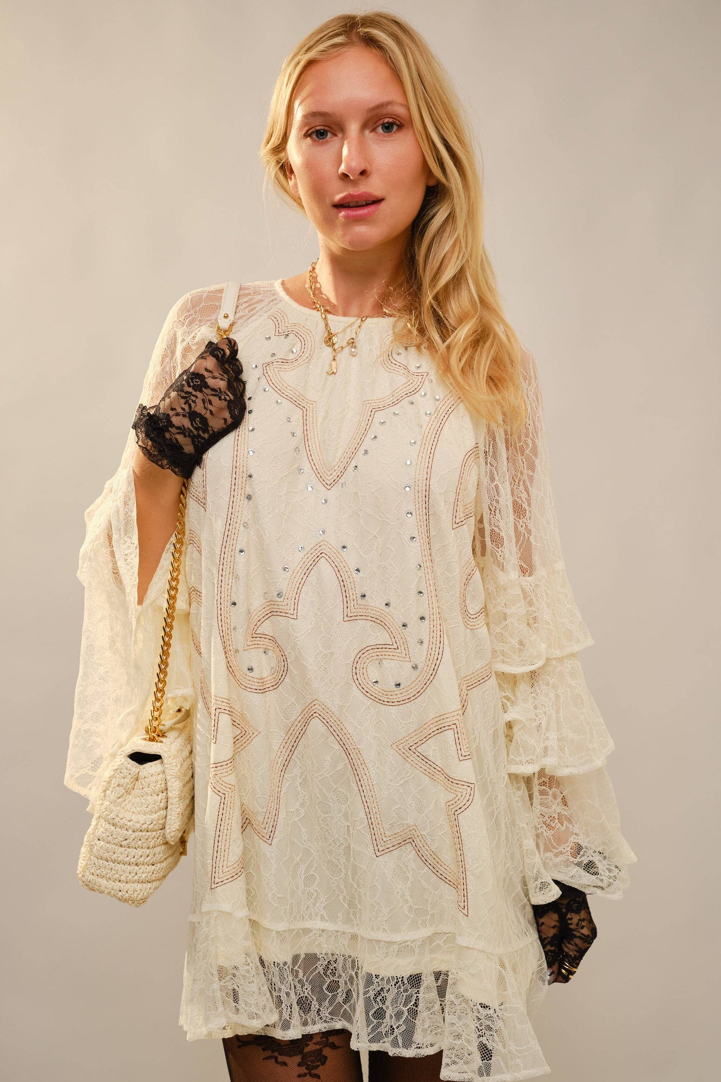 23729D 	Round Neck Western Embroidery Ruffle Sleeve Dress
