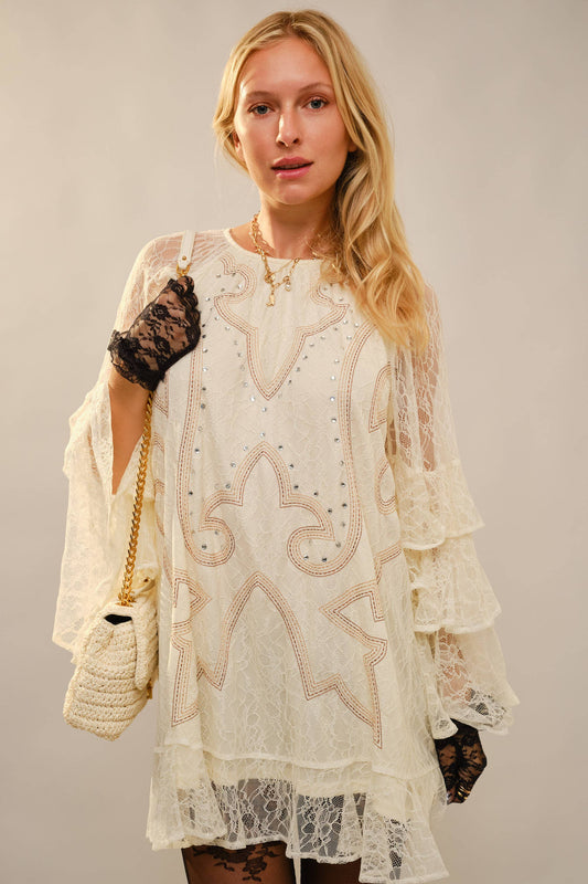 23729D 	Round Neck Western Embroidery Ruffle Sleeve Dress