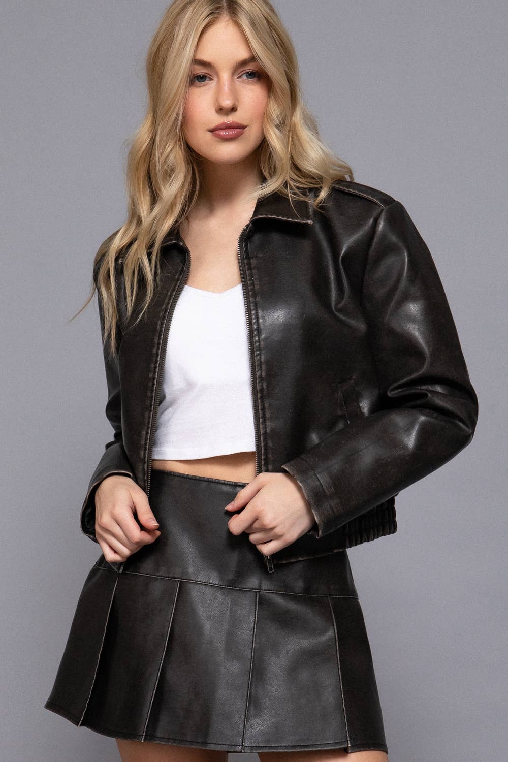 Long Sleeve Wash Effect Faux Leather Jacket