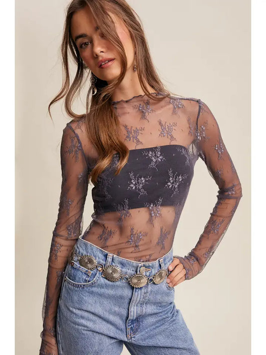 Sheer Lace Long-Sleeve Top LT1354