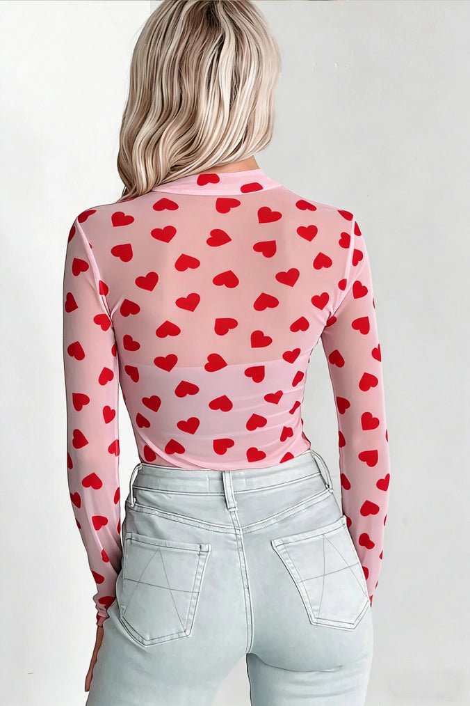 Las Valentines Heart Sheer Mesh Long Sleeve Top