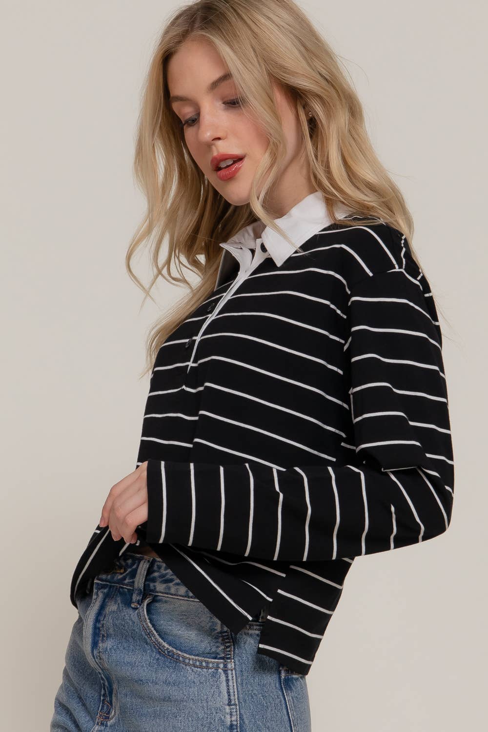 Long Sleeve Y/D Stripe Cotton Polo Shirt