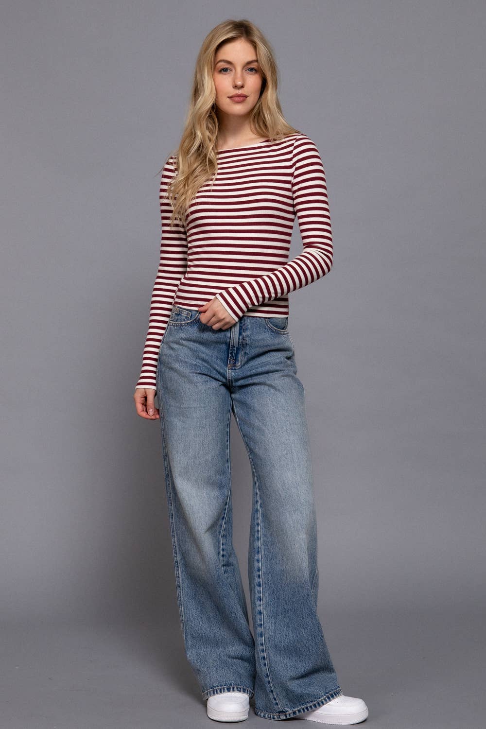 Long Sleeve Boat Neck Stripe Brushed Rib Top