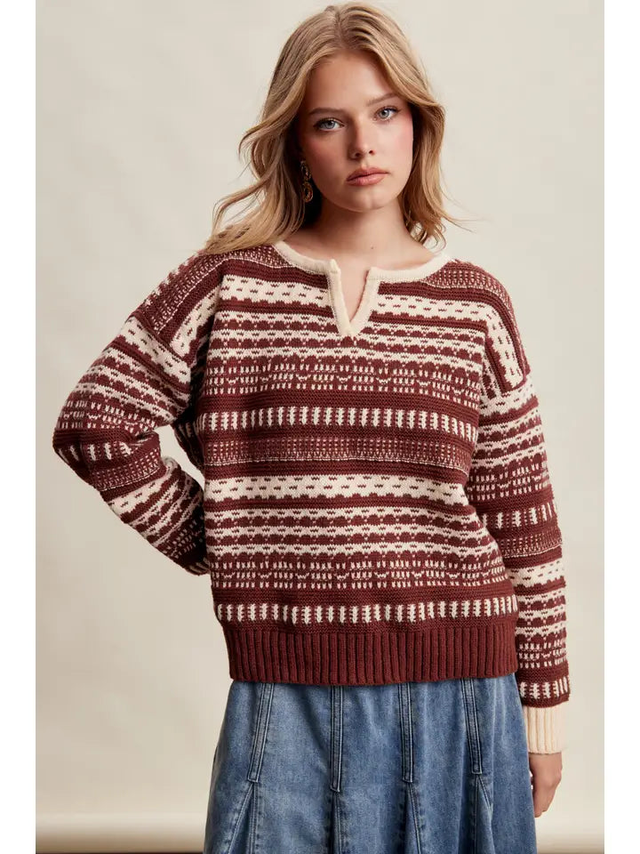Fair Isle Split Neck Knit Sweater