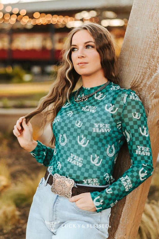 Teal Checkered Horse Shoe Printed Long Sleeve Mesh Top