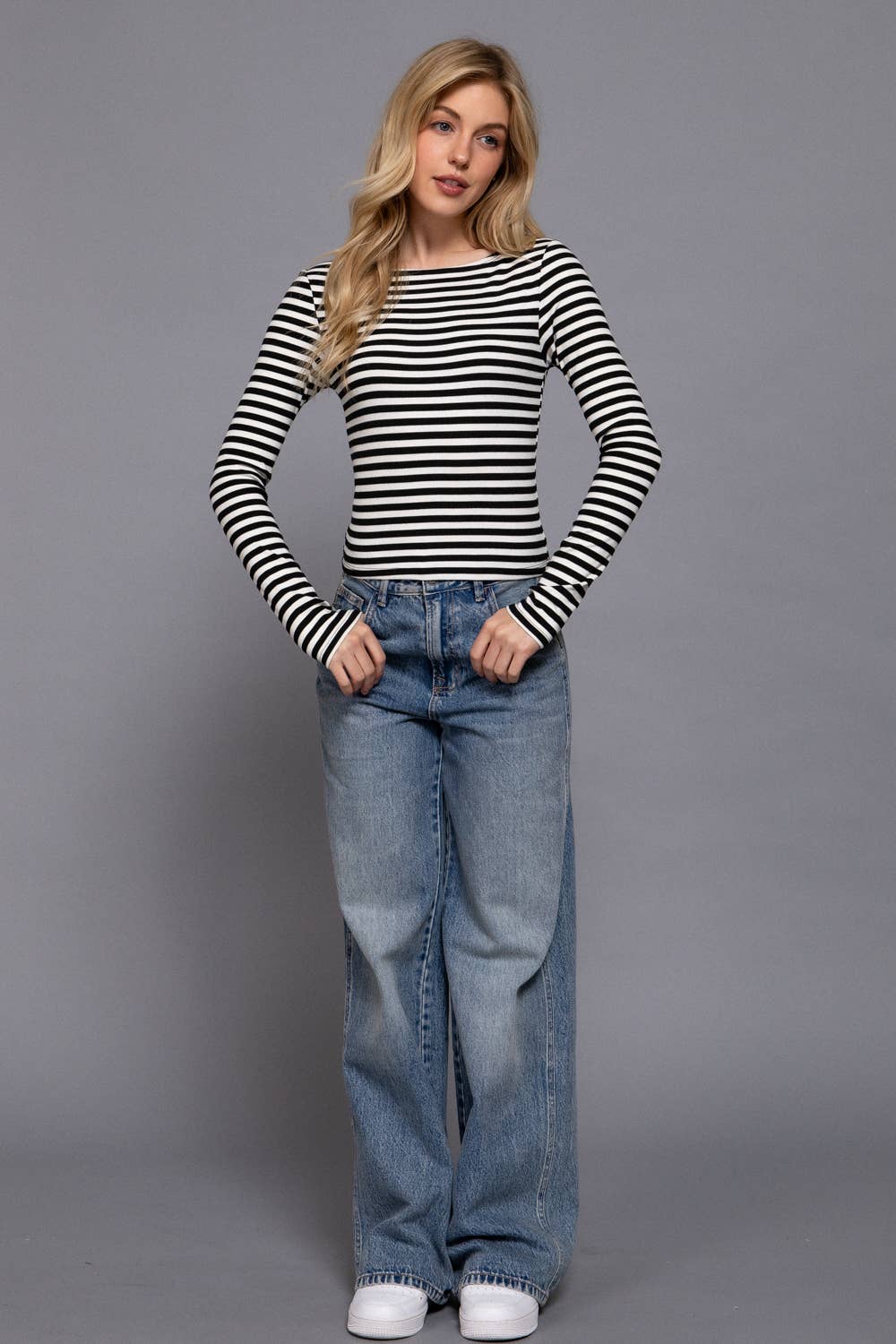 Long Sleeve Boat Neck Stripe Brushed Rib Top
