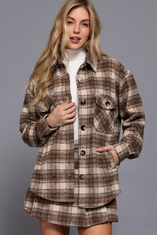 Long Sleeve Wool Blend Plaid Button Down Casual Jacket