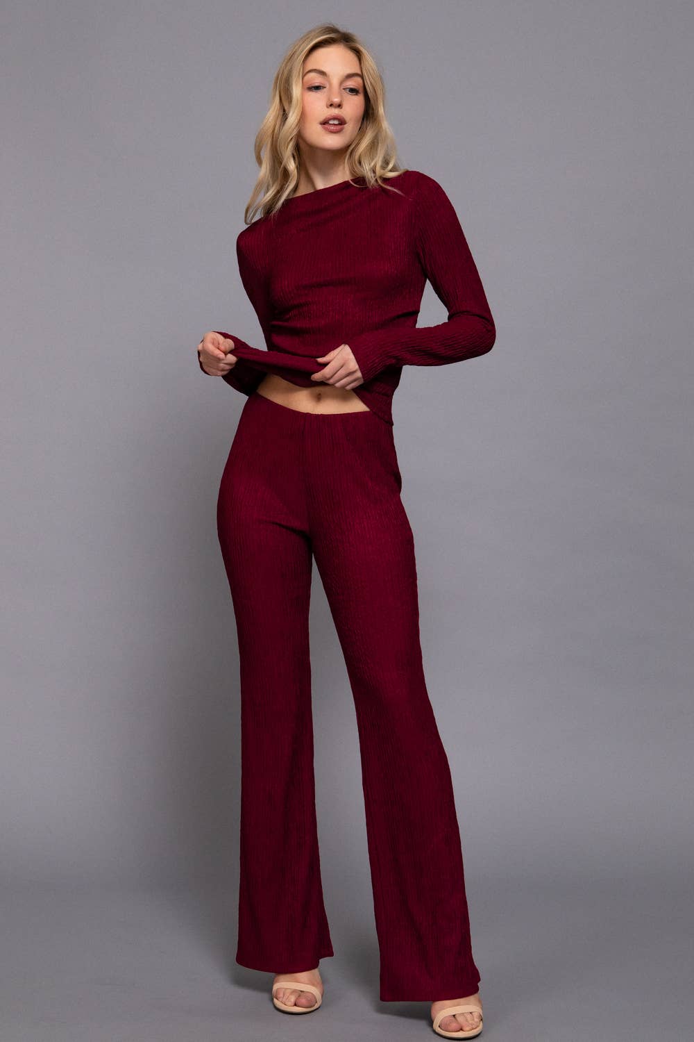Long Sleeve Draped Top & Waist Band Flare Pants Set