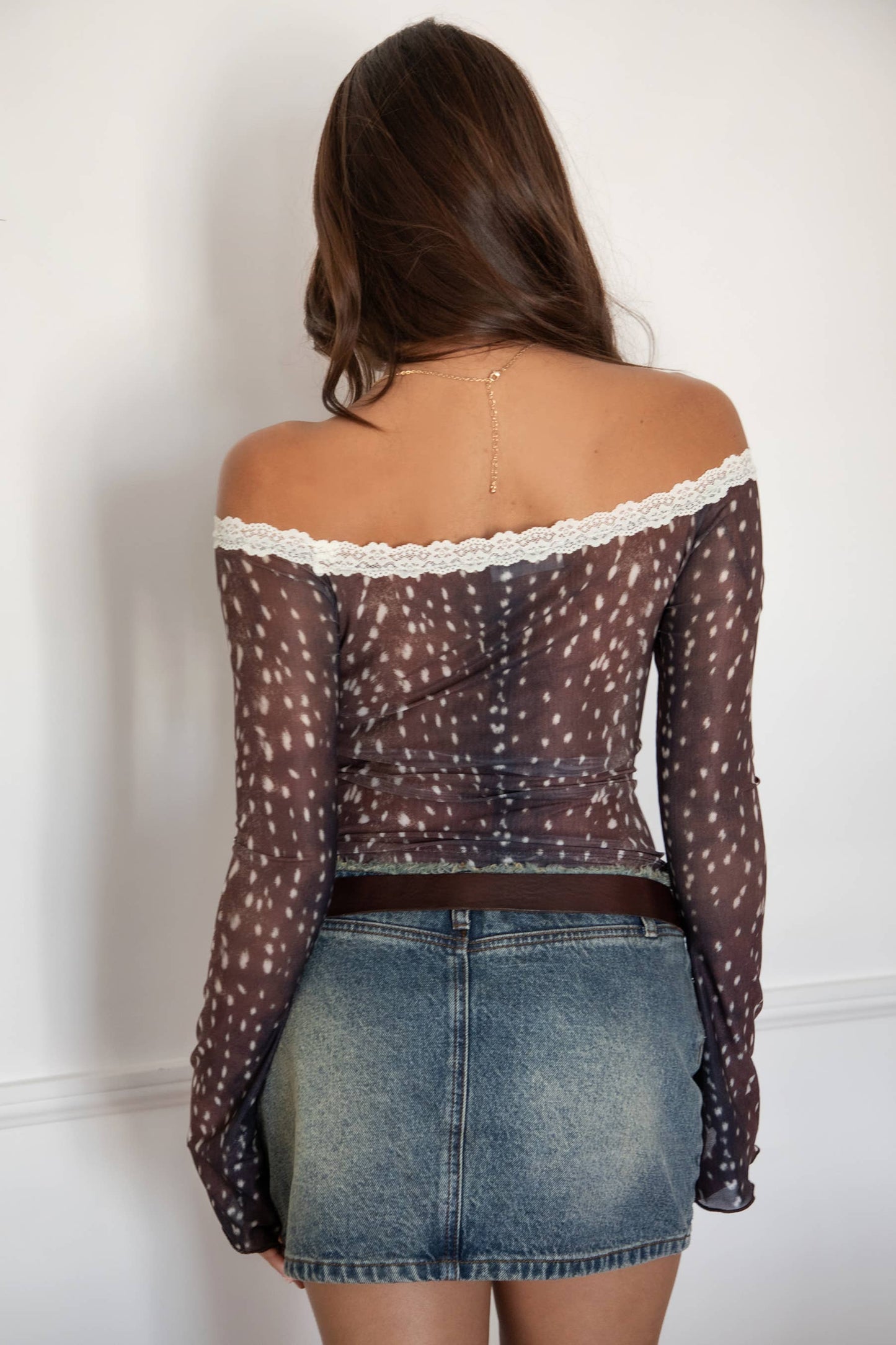 BAMBELLE Deer Mesh Dainty Lace Trim Off-the-Shoulder Top