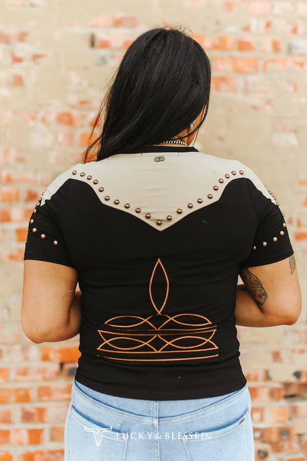 Black Western Beige Studded Embroidered Short Sleeve Shirt