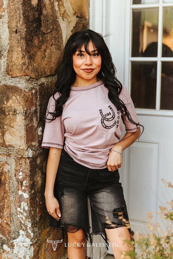 Pink Mauve Horse Shoe Embroidered Short Sleeve Pocket Tee