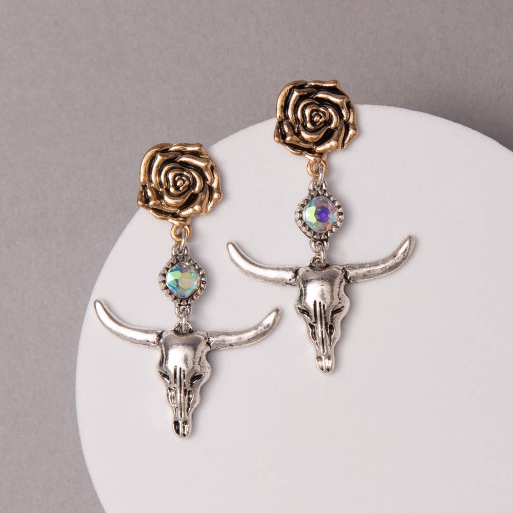 Western Steer Skull & Rose Charm Dangle Earrings