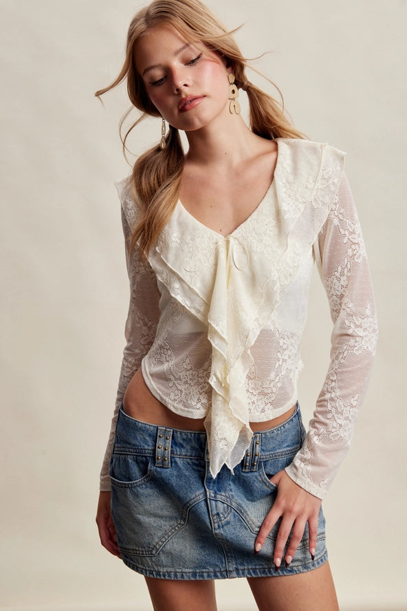 Stretch Lace Ruffle Tie Top LT1489