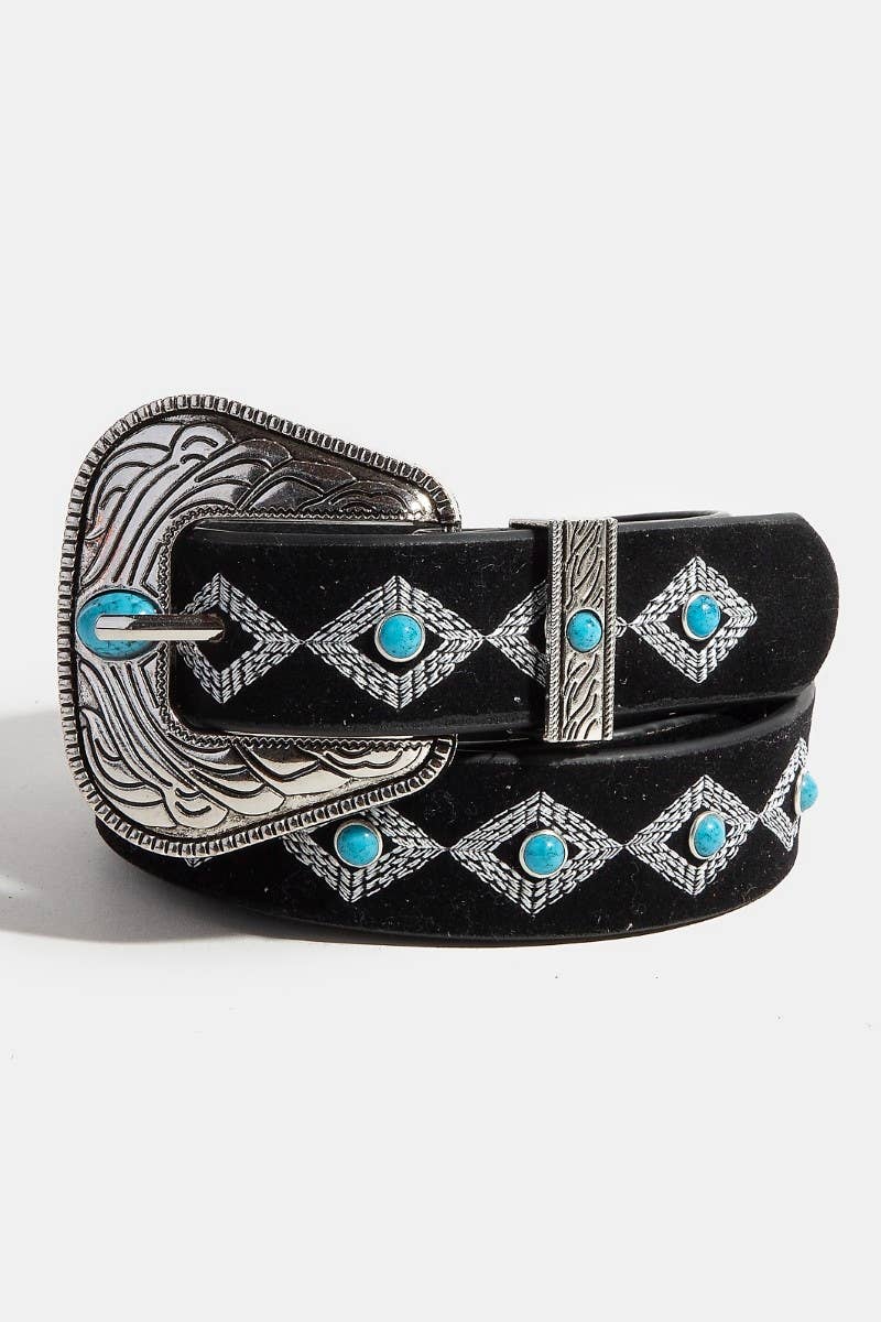 Turquoise Studs Western Concho Buckle Faux Leather Belt