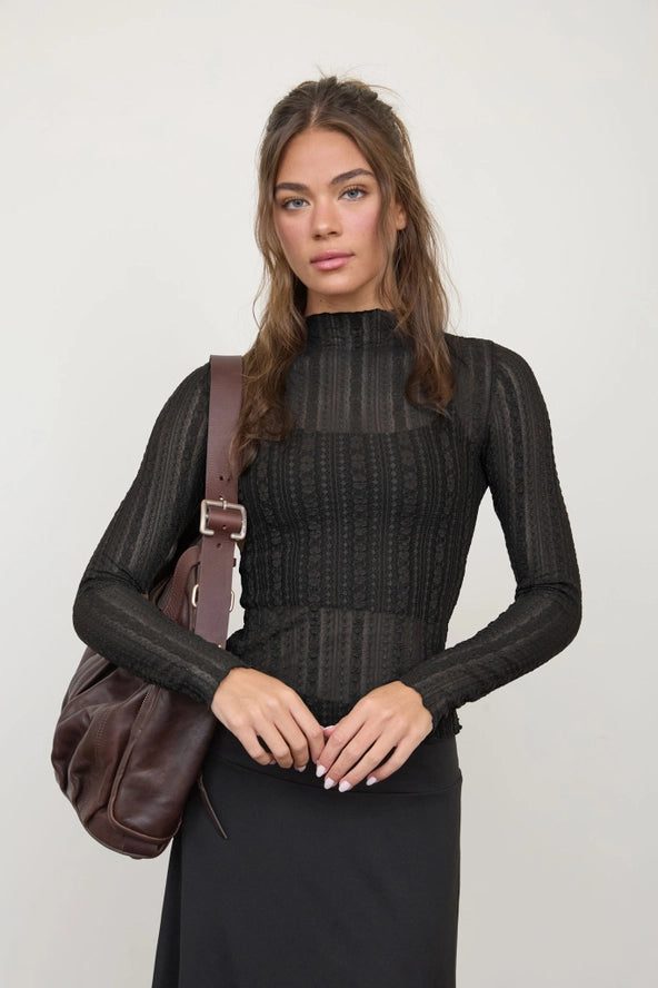 Stripe Lace Sheer Pattern Long Sleeve Knit Top