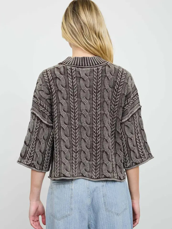 Washed 3/4 Sleeve Turtleneck Cable Knit Pullover