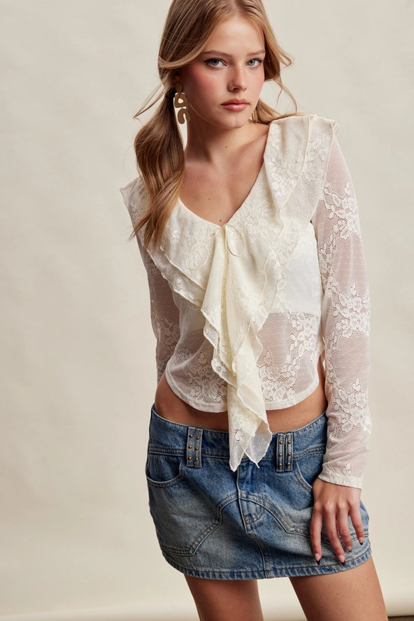 Stretch Lace Ruffle Tie Top LT1489