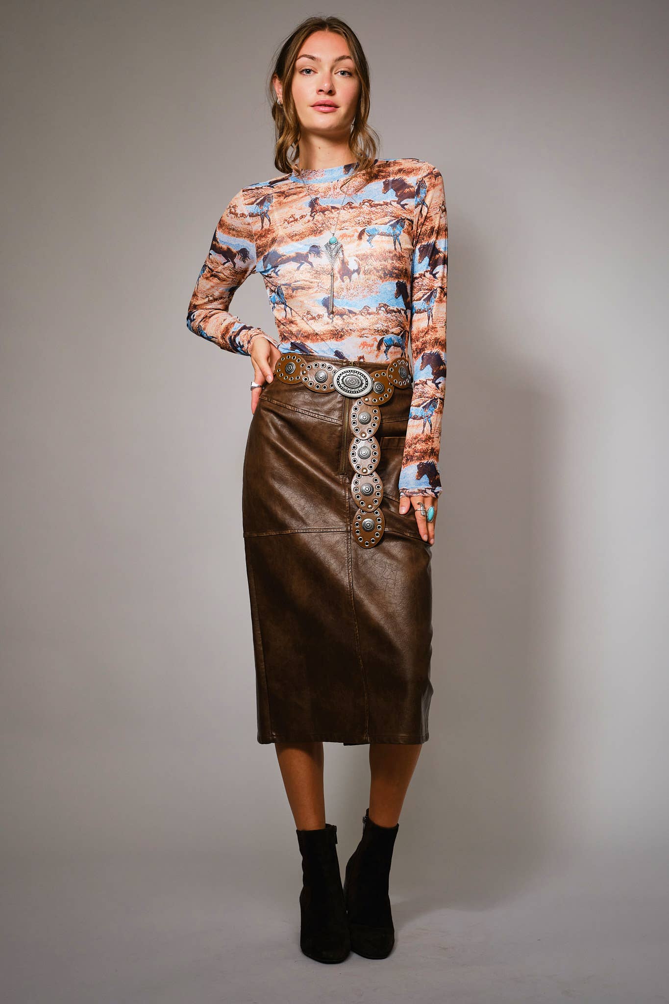 33151T - Western Mesh Mock Neck Top