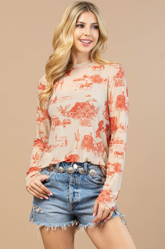 PAIGE Western Lifestyle Print Mesh Top- Paige