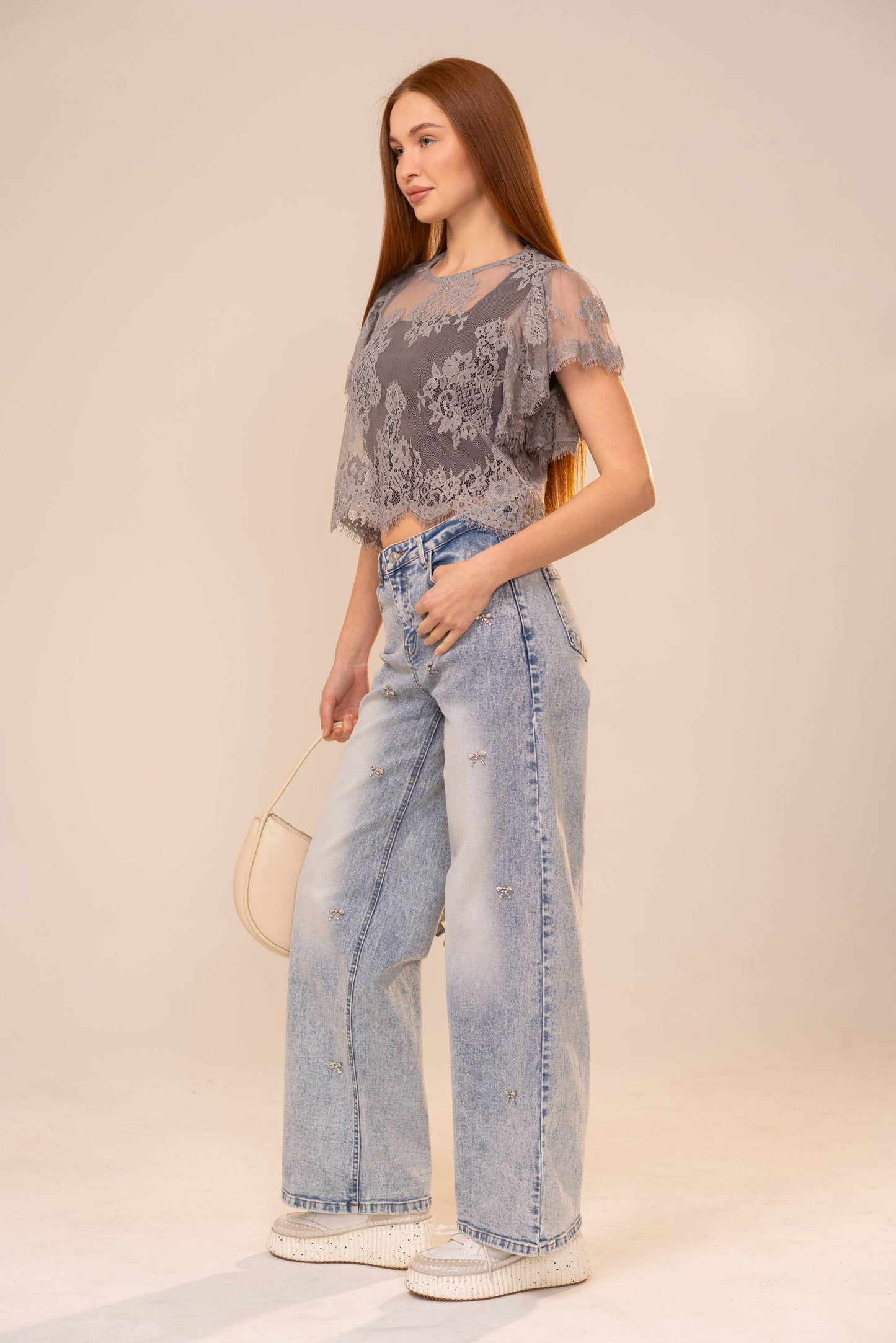 95817T Flutter Sleeve Cropped Lace Top