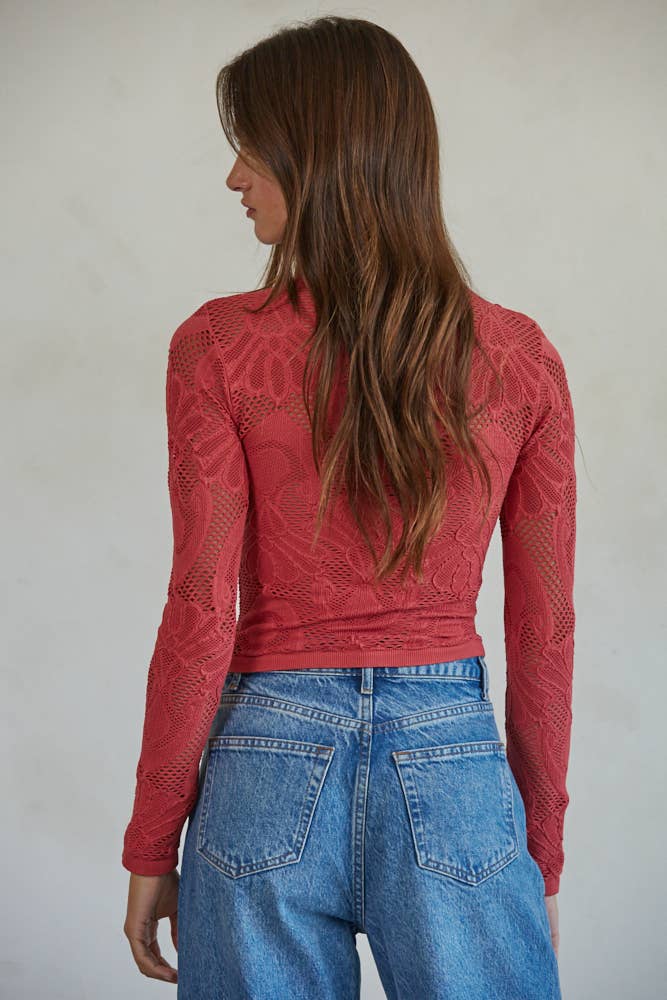 S1228 | Knit Seamless Jacquard Mock Neck Long Sleeve Top
