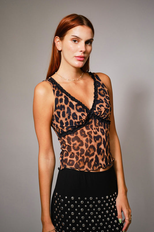 Leopard Lace Trim Mesh Tank