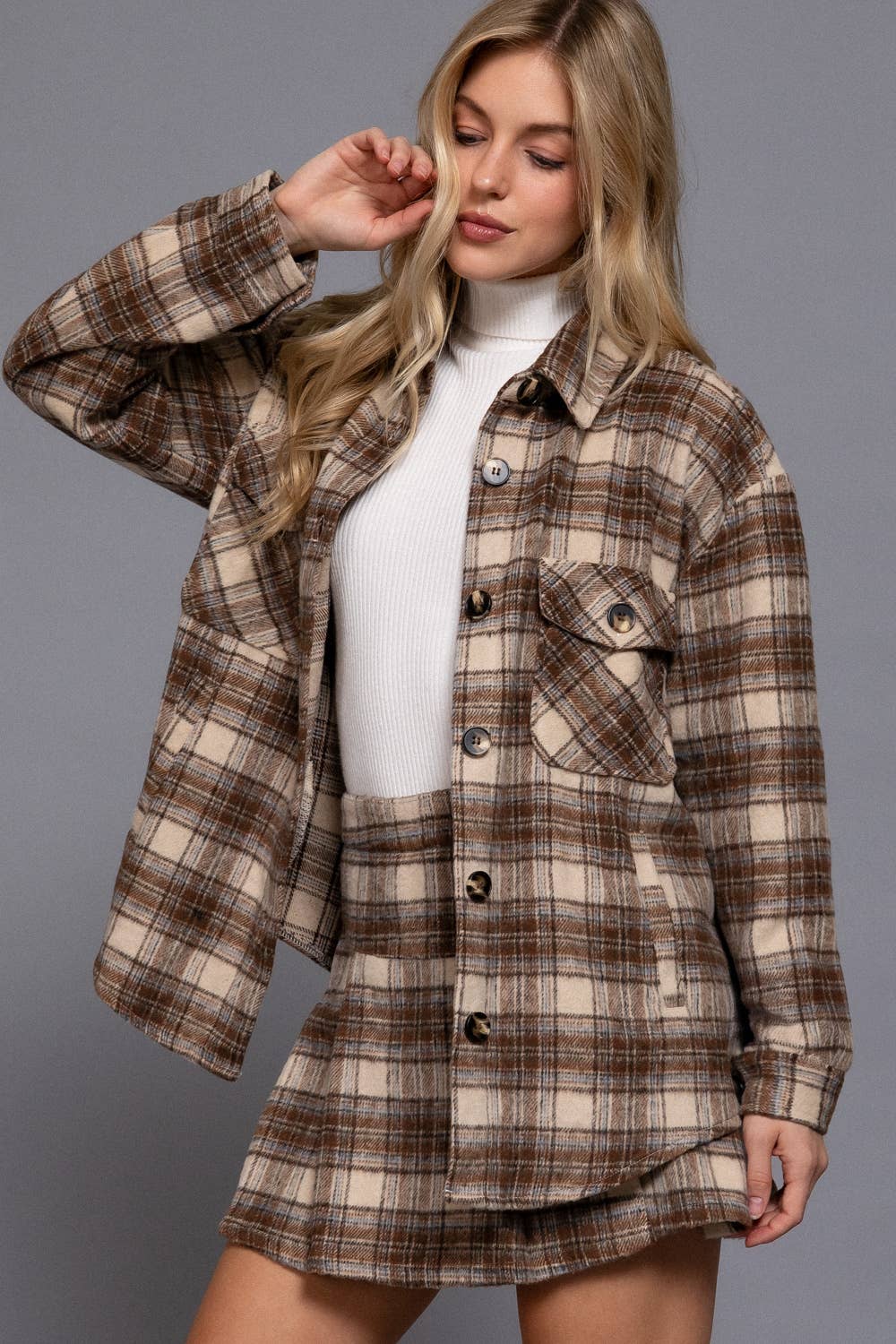 Long Sleeve Wool Blend Plaid Button Down Casual Jacket