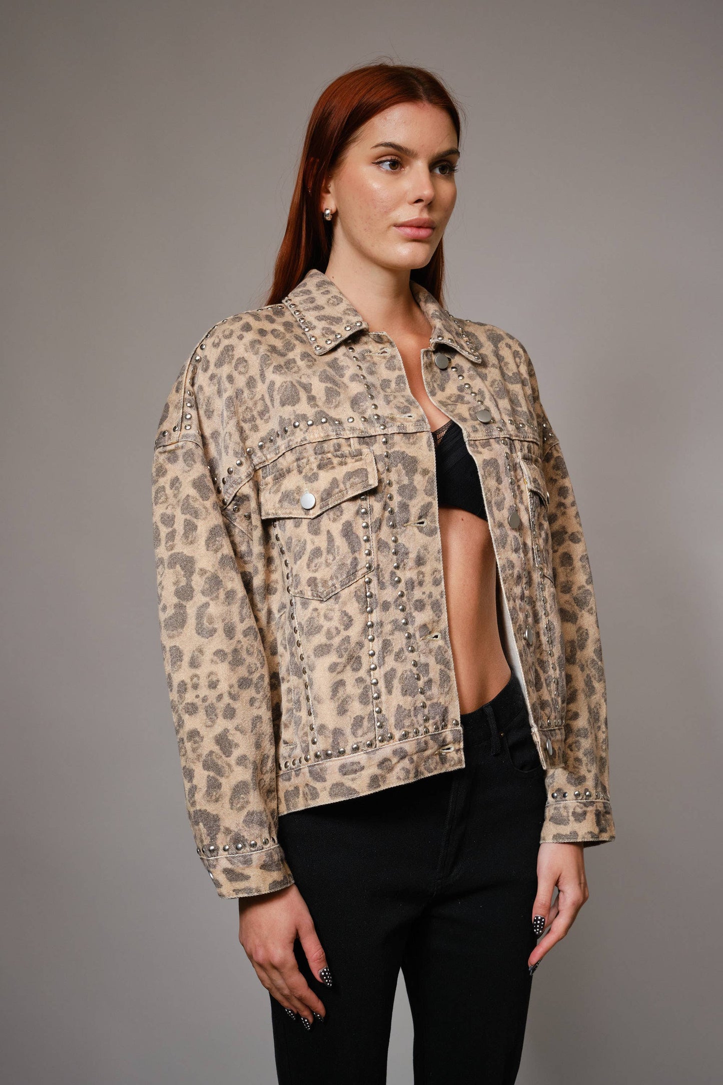 91559J - Studded Leopard Denim Jacket