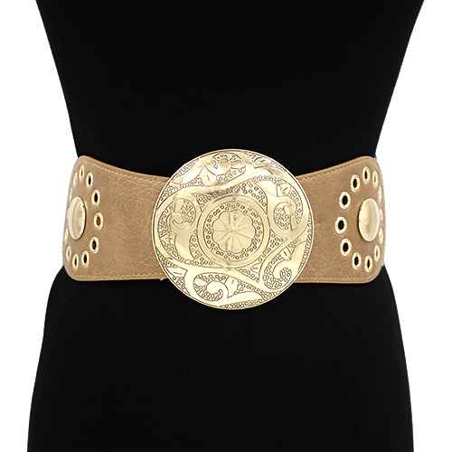 ENGRAVED ROUND WESTERN BUCKLE LEATHER ELASTIC BELT, KM 1647