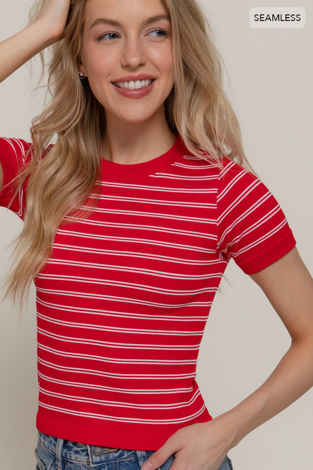 Short Sleeve Crew Neck Striped Seamless Top