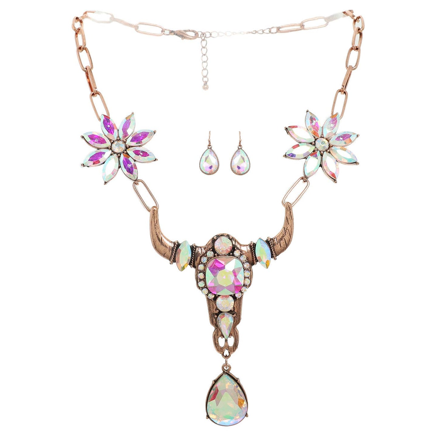 Western Crystal Steer head Necklace Set