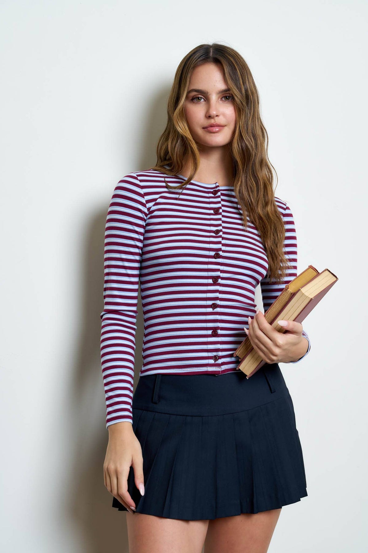 BUTTON DOWN CREW NECK STRIPED LONG SLEEVE KNIT TOP