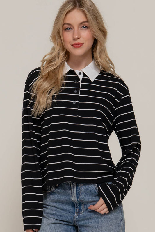 Long Sleeve Y/D Stripe Cotton Polo Shirt- Black & White