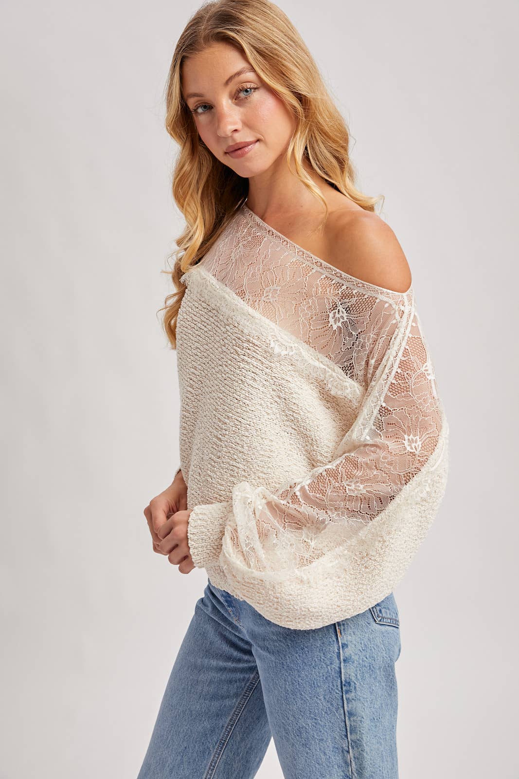 BOAT NECK LACE TRIMMED KNIT SWEATER PULLOVER