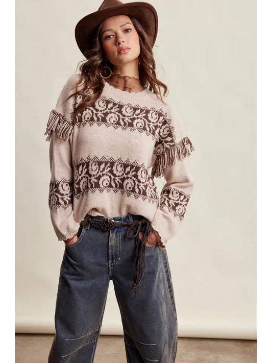Western Fringe Pattern Knit Sweater