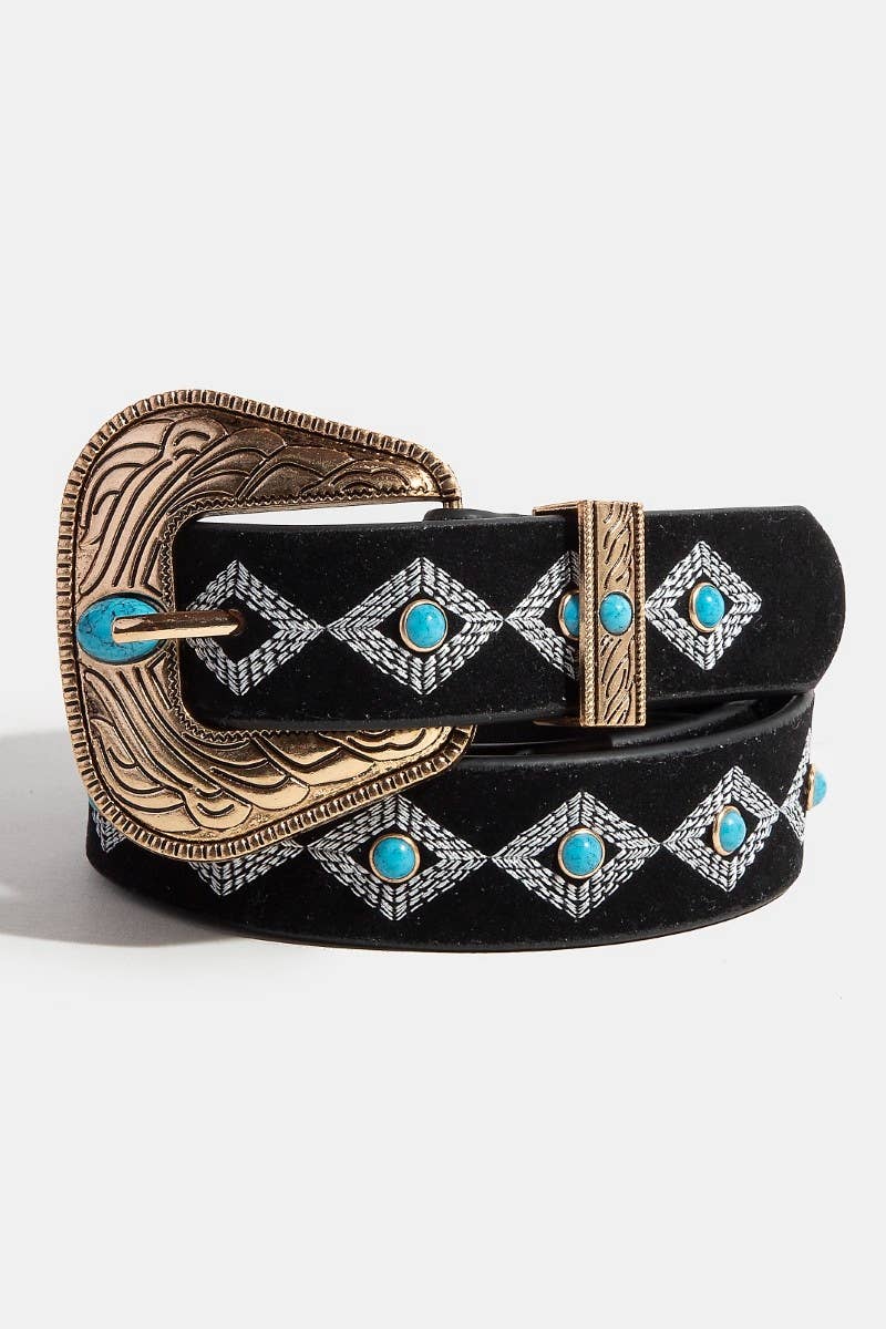Turquoise Studs Western Concho Buckle Faux Leather Belt