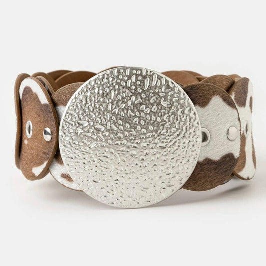 Western Inspired Faux Cowhide Large Round Buckle Belt