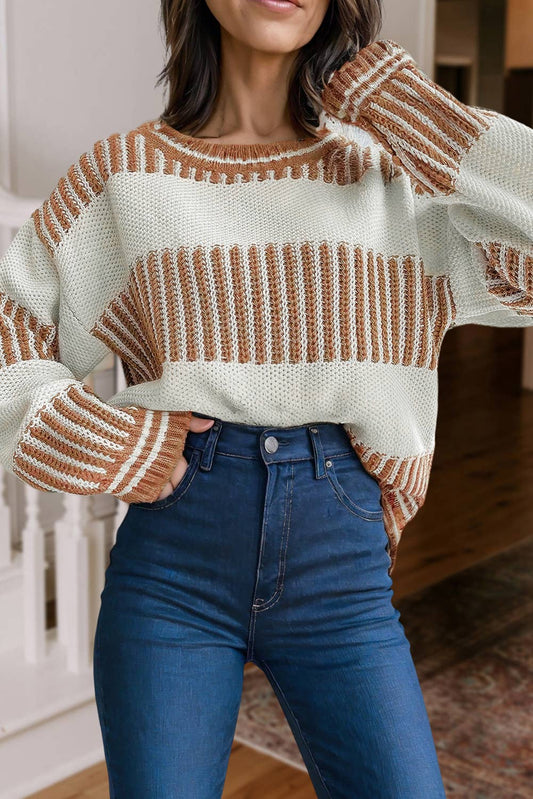 Stripe Patch Drop Shoulder Long Sleeve Sweater | S-XL