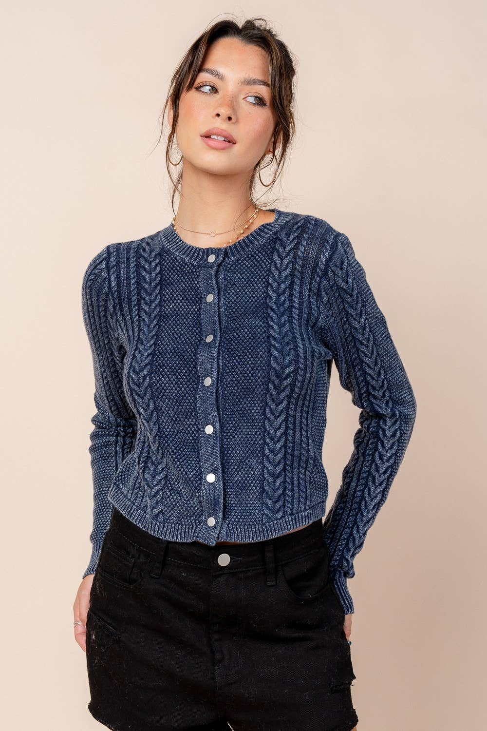 WASHED EFFECT CABLED SWEATER CARDIGAN