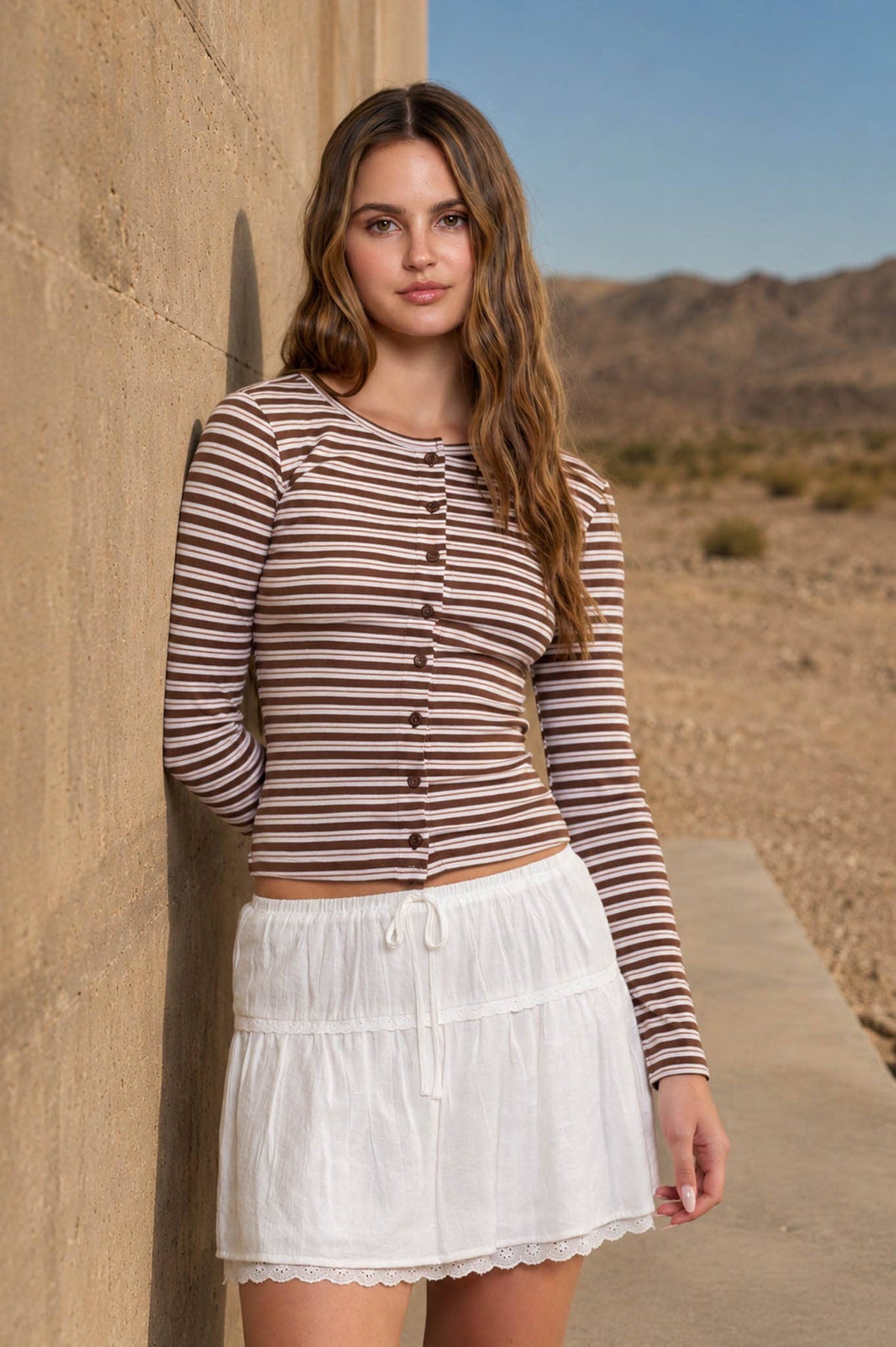 BUTTON DOWN CREW NECK STRIPED LONG SLEEVE KNIT TOP