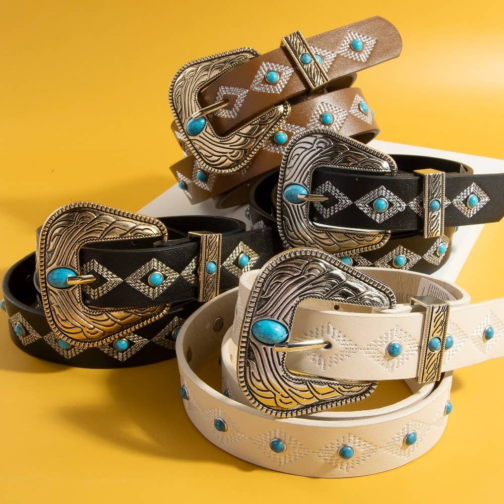 Western Embroidered Buckle Pattern Faux Leather Belt