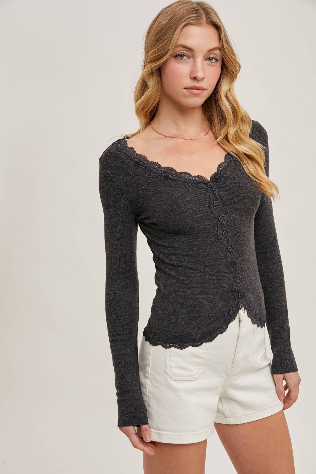 BUTTON DOWN LACE TRIMMED KNIT CARDIGAN TOP