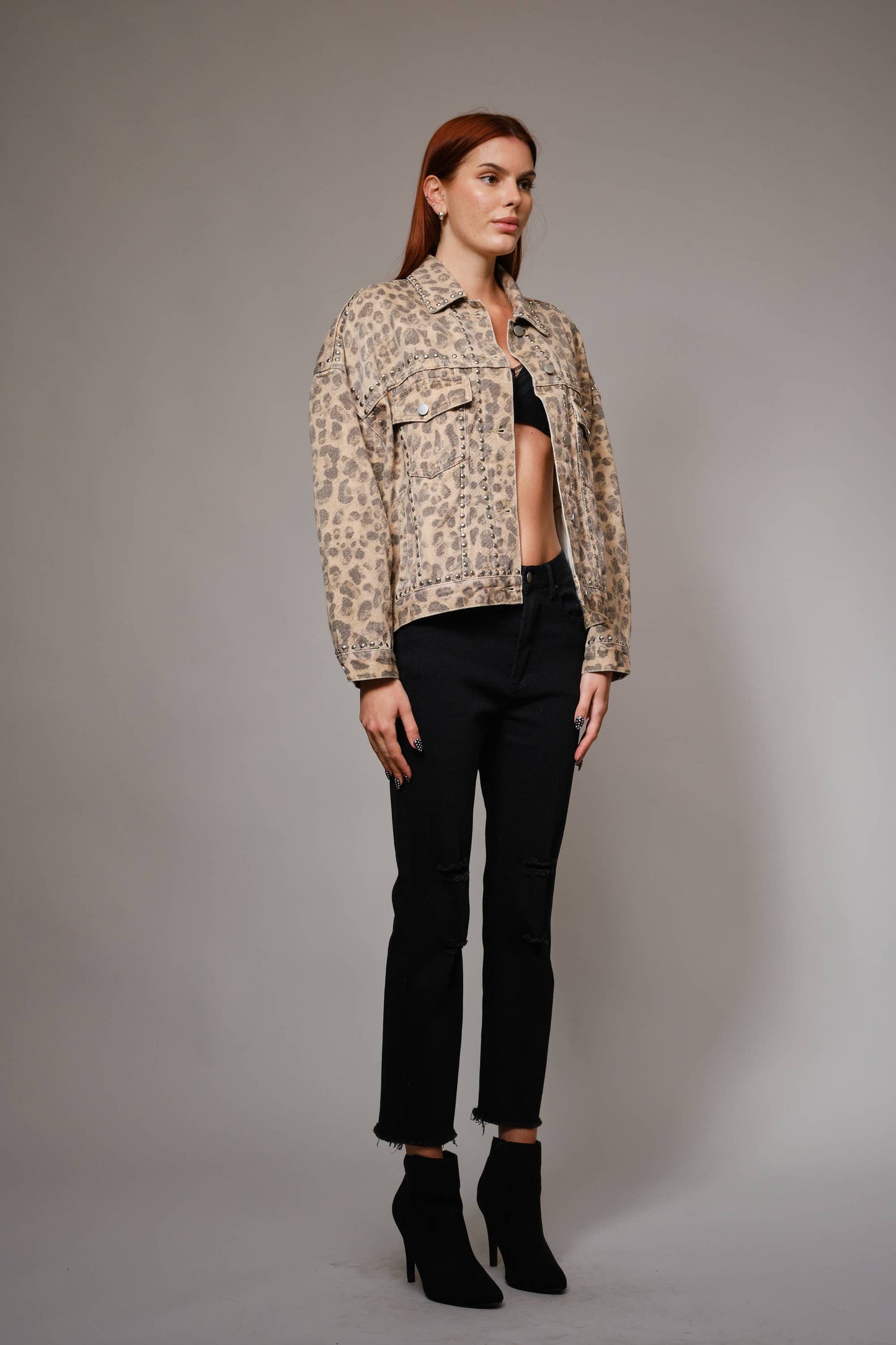91559J - Studded Leopard Denim Jacket
