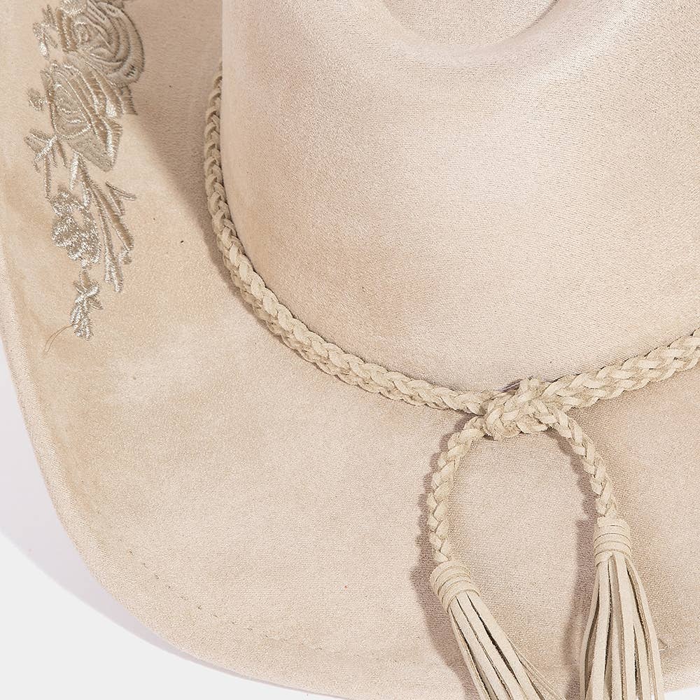 Rose Embroidered Braided Band Fedora Cowboy Hat