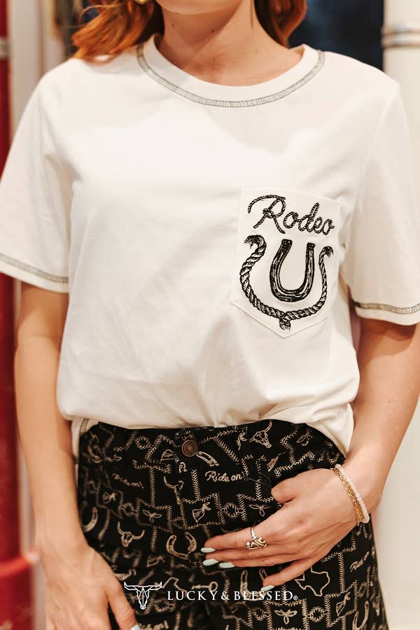White Rodeo Horse Shoe Embroidered Short Sleeve Tee