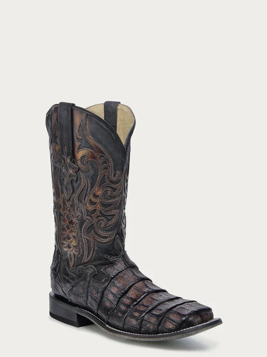 Men's Chocolate and Cigar Caiman Tail Wide Square Toe Exotic Cowboy Boot