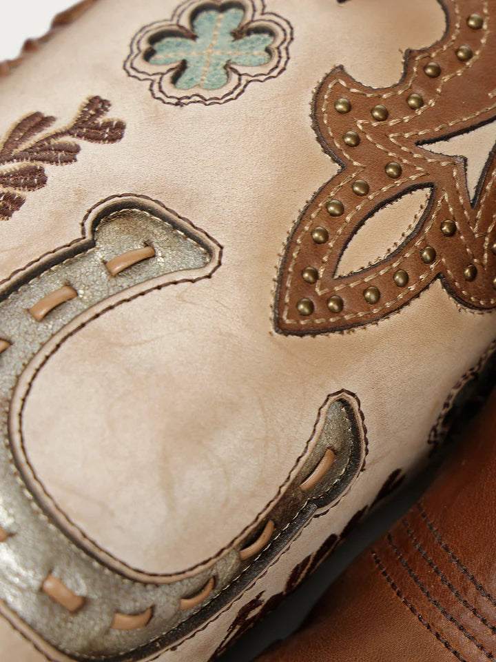 WOMEN'S HONEY HORSESHOE OVERLAY EMBROIDERY AND STUDS HANDWOVEN SNIP TOE TALL TOP COWBOY BOOT